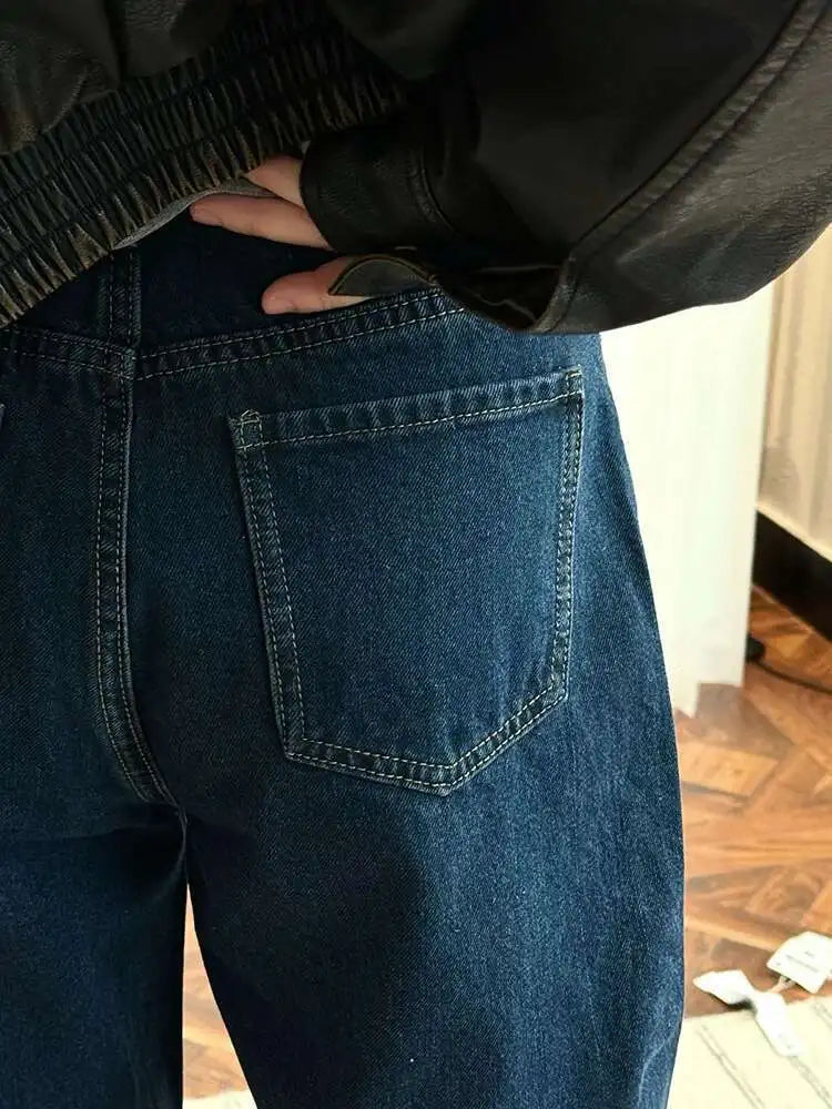 [LANMREM] Office Lady Jeans For Women High Waist Straight Dark Blue Fit Denim Pants Fashion Trousers 2025 Autumn New 26C859