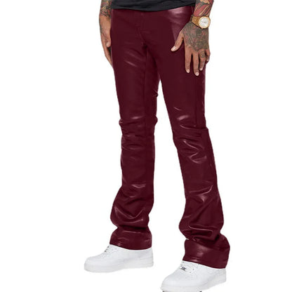 Leather Pants Men Long Pant Solid Mid Waist Casual Regular Pleated Splice Straight Trousers Button Pocket Autumn Winter