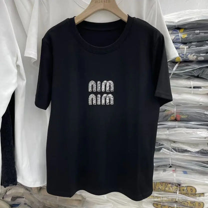 Women's Bead New Round Neck Heavy Industry Short Sleeve Summer T-shirt Fashion Casual Lady T-shirt