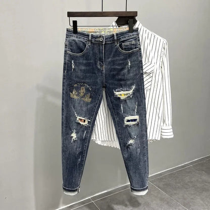 Tapered Jeans for Men Ripped Black Trousers with Holes Torn Man Cowboy Pants Broken Classic Clothes Y2k 2000s High Quality Kpop