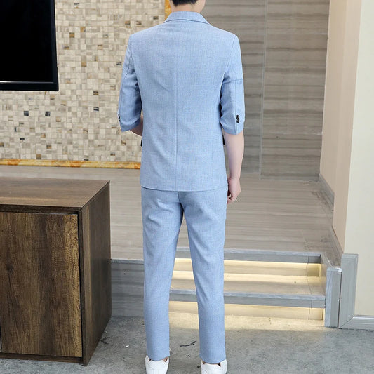 Fashionable Men's Suit Set Spring Summer Solid Color Trendy Comfortable Slim Fit One-button Suit [3/4 Sleeve Jacket + Trousers]
