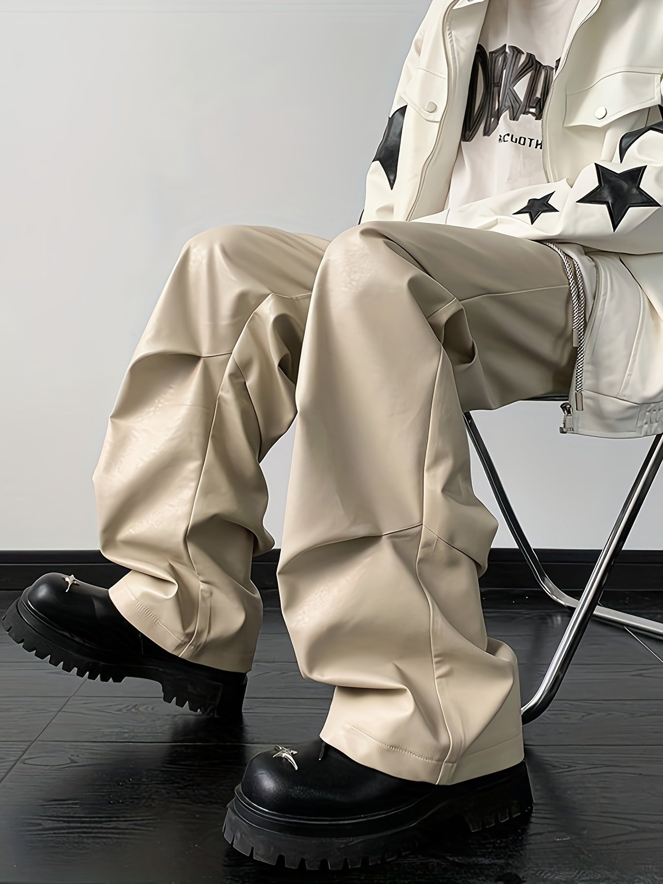 [Loose Fit Faux Leather Pants] Men's Chic Loose Fit Faux Leather Pants, Street Style Baggy Pants K-pop
