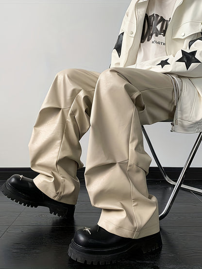 [Loose Fit Faux Leather Pants] Men's Chic Loose Fit Faux Leather Pants, Street Style Baggy Pants K-pop