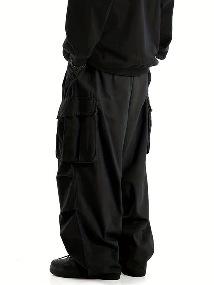 Loose Casual Men's Straight Leg Cargo Pants - Solid Multi Flap Pockets Outdoor Baggy Pants - Work Pants Streetwear