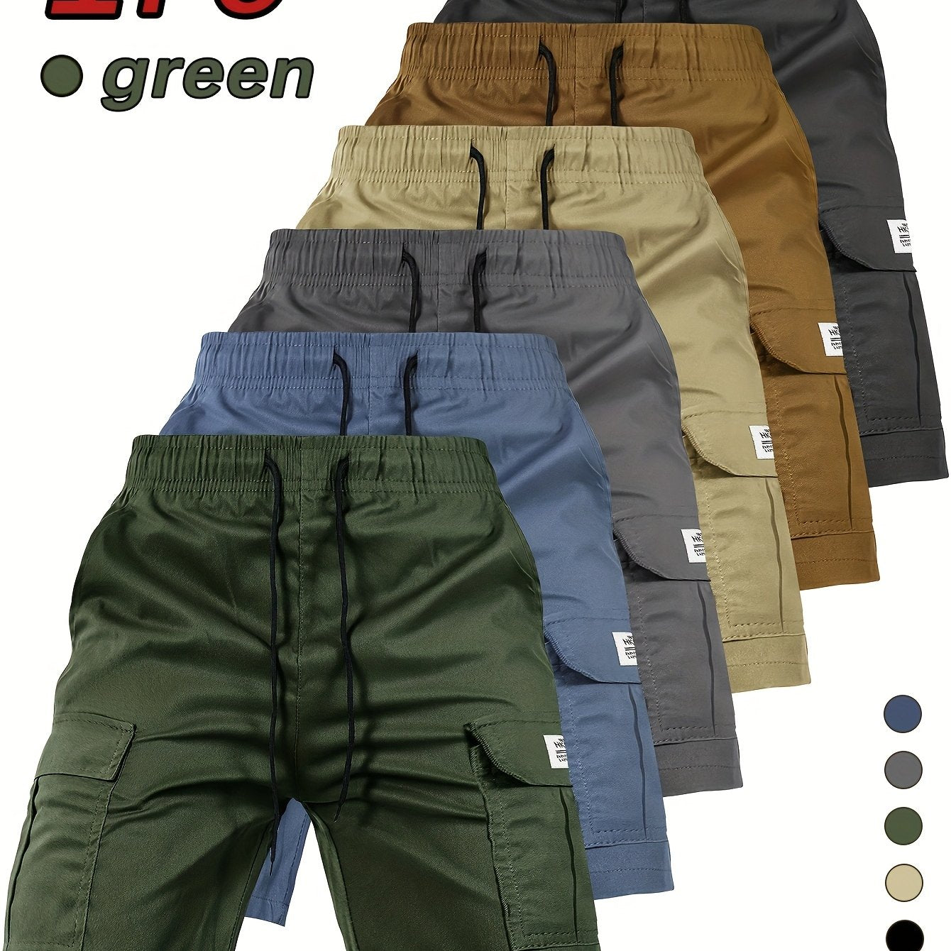 [Summer Cargo Shorts] Breathable Polyester Men's Casual Cargo Shorts with Drawstring Waist, Flap Pockets & Letter Patch | Regular Fit, Solid Color for Summer