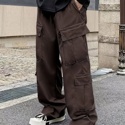 Solid Multi Flap Pockets Men's Straight Leg Cargo Pants, Loose Casual Outdoor Pants, Men's Work Pants Baggy Pants Trendy Streetwear K-pop