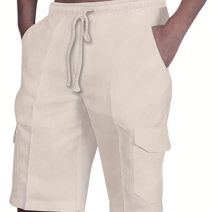 Durable Casual Men's Drawstring Cargo Shorts - Mid-Waist Solid Color with Flap Pockets for Spring/Fall