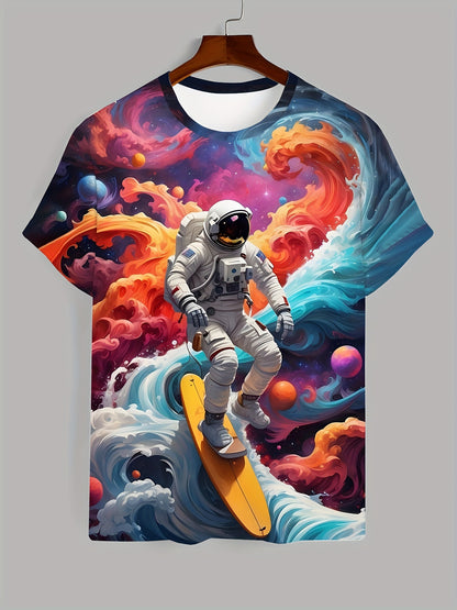 Men'S Astronaut Skateboarding Printed T-shirt - Lightweight Short Sleeved Round Neck, Perfect For Outdoor Adventures And Daily Style