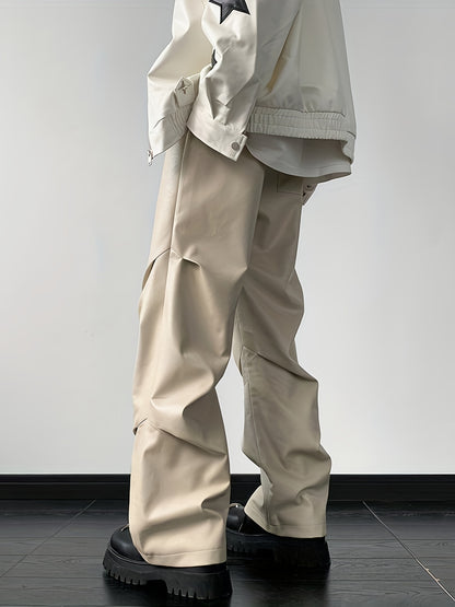 [Loose Fit Faux Leather Pants] Men's Chic Loose Fit Faux Leather Pants, Street Style Baggy Pants K-pop