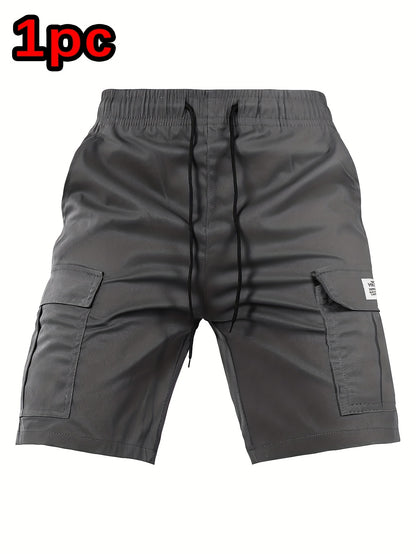 [Summer Cargo Shorts] Breathable Polyester Men's Casual Cargo Shorts with Drawstring Waist, Flap Pockets & Letter Patch | Regular Fit, Solid Color for Summer