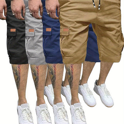 4 Pcs Men's Casual Cargo Shorts Elastic Drawstring Cotton Stretch Multiple Pockets Cargo Short