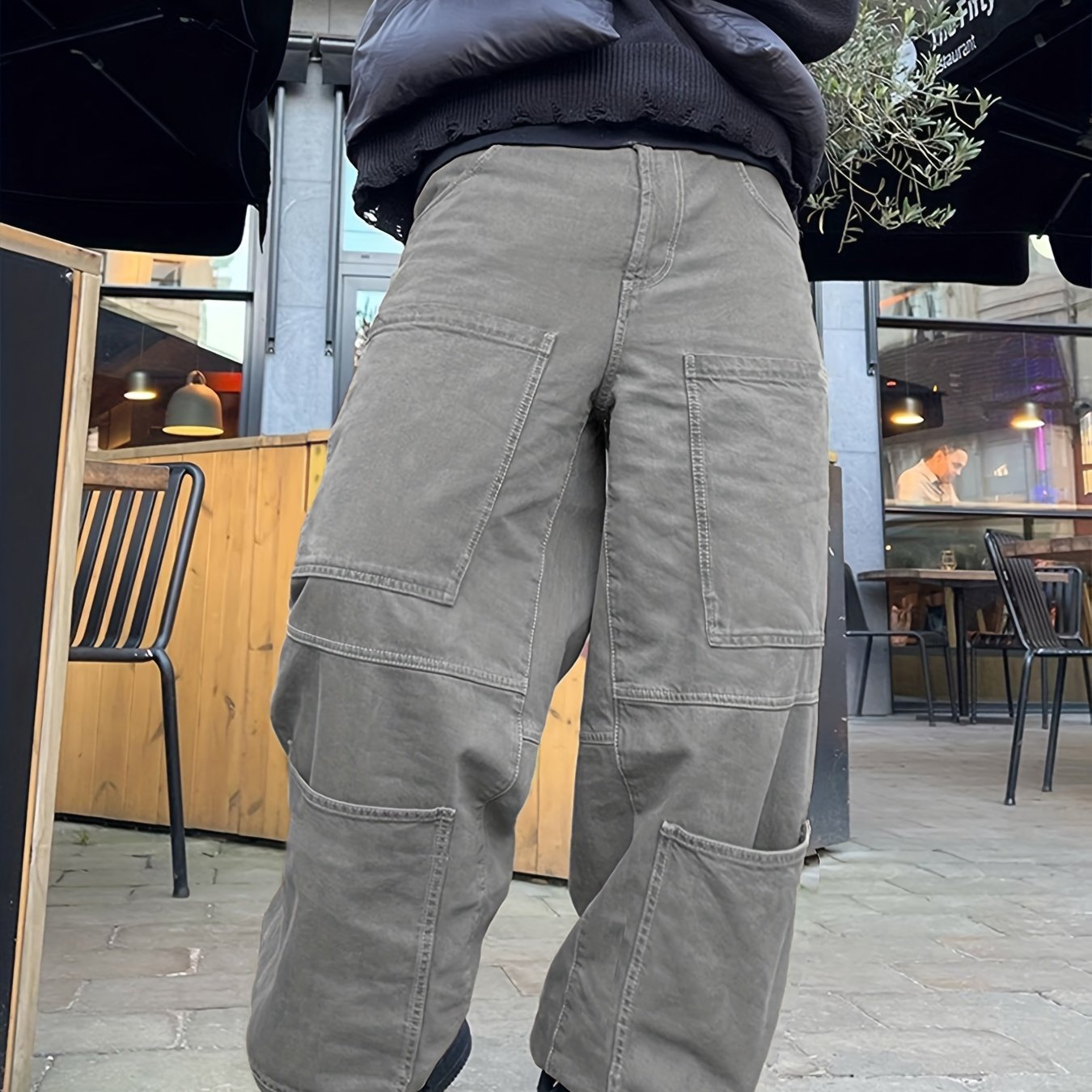 Retro Denim Men's Straight Leg Cargo Pants, Loose Baggy Pants Casual Outdoor Jeans Pants, Work Pants Hipster Streetwear Hiphop Rapper Style For Men