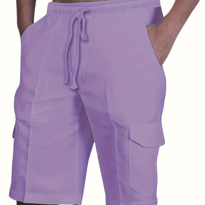 Durable Casual Men's Drawstring Cargo Shorts - Mid-Waist Solid Color with Flap Pockets for Spring/Fall
