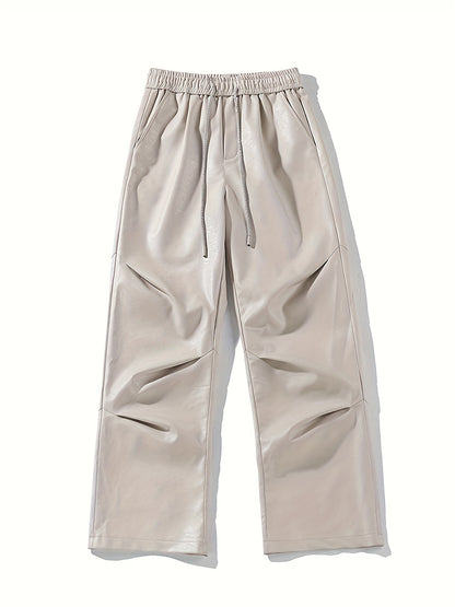 [Loose Fit Faux Leather Pants] Men's Chic Loose Fit Faux Leather Pants, Street Style Baggy Pants K-pop