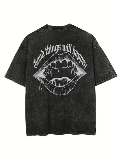 Men's vintage wash to make old letters mouth double-sided printed T-shirt