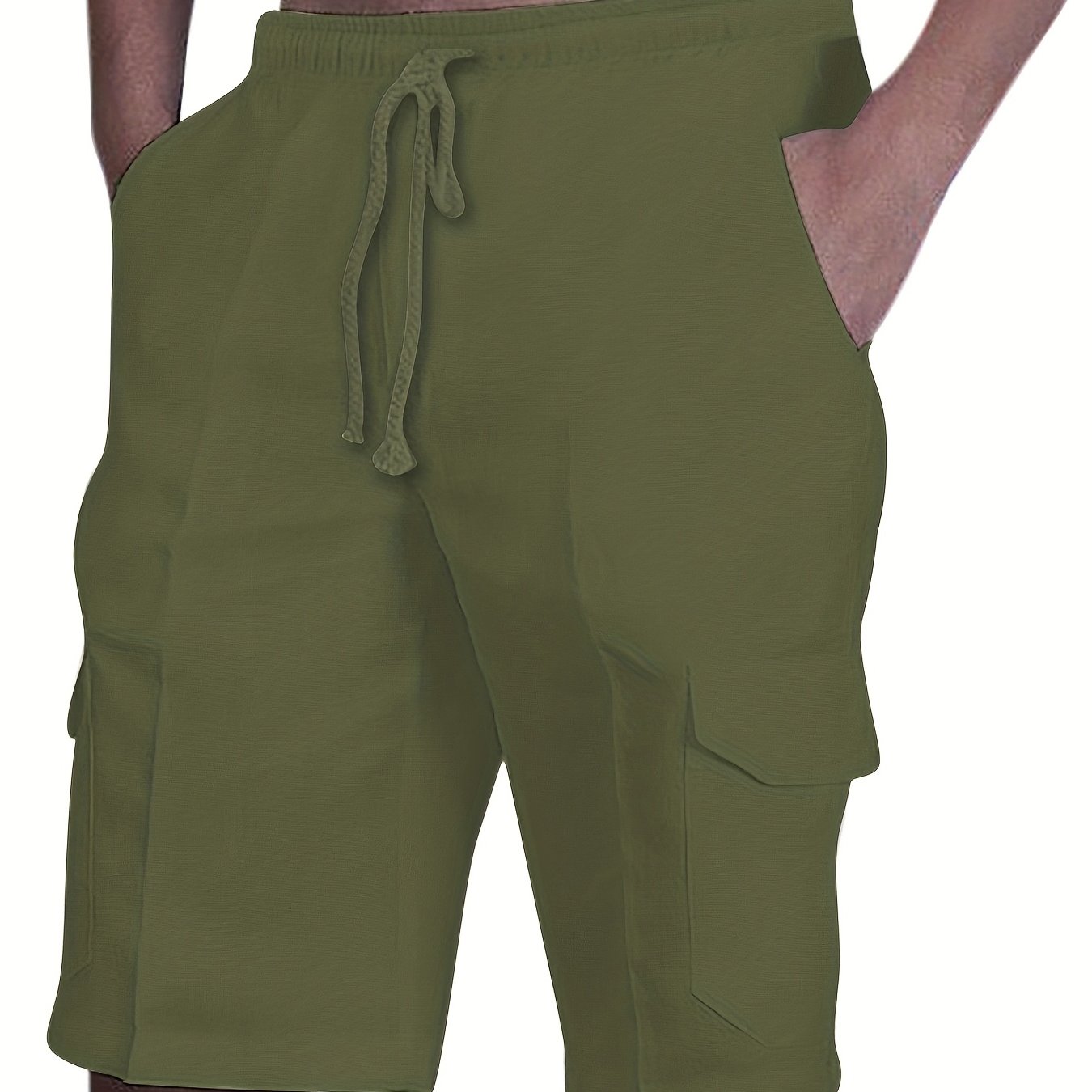 Durable Casual Men's Drawstring Cargo Shorts - Mid-Waist Solid Color with Flap Pockets for Spring/Fall