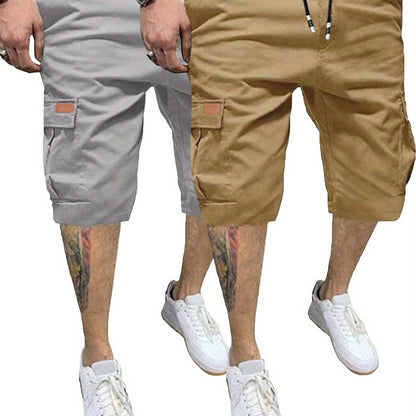 2pcs Men's Casual Cargo Shorts - Classic Drawstring, Stretch Cotton with Multiple Pockets, Gray & Brown, Machine Washable, Comfortable for Casual Attire