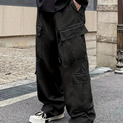 Solid Multi Flap Pockets Men's Straight Leg Cargo Pants, Loose Casual Outdoor Pants, Men's Work Pants Baggy Pants Trendy Streetwear K-pop