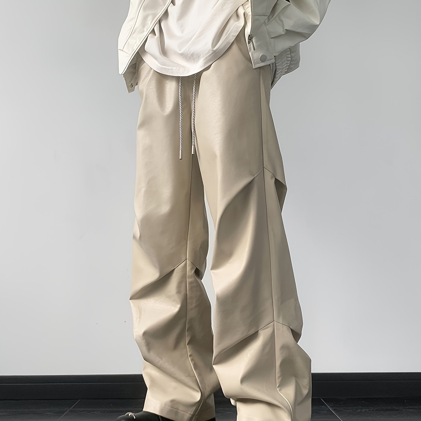 [Loose Fit Faux Leather Pants] Men's Chic Loose Fit Faux Leather Pants, Street Style Baggy Pants K-pop
