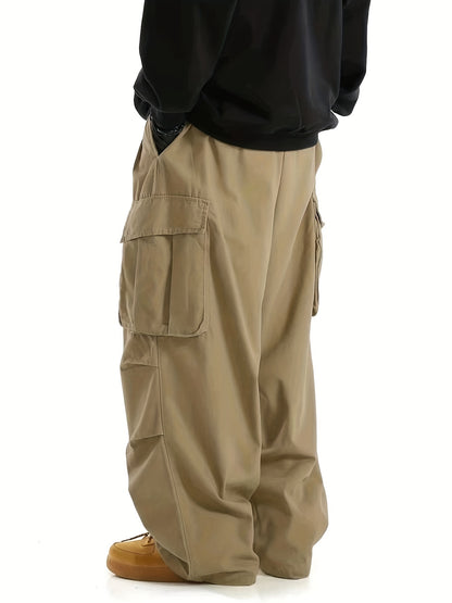 Loose Casual Men's Straight Leg Cargo Pants - Solid Multi Flap Pockets Outdoor Baggy Pants - Work Pants Streetwear