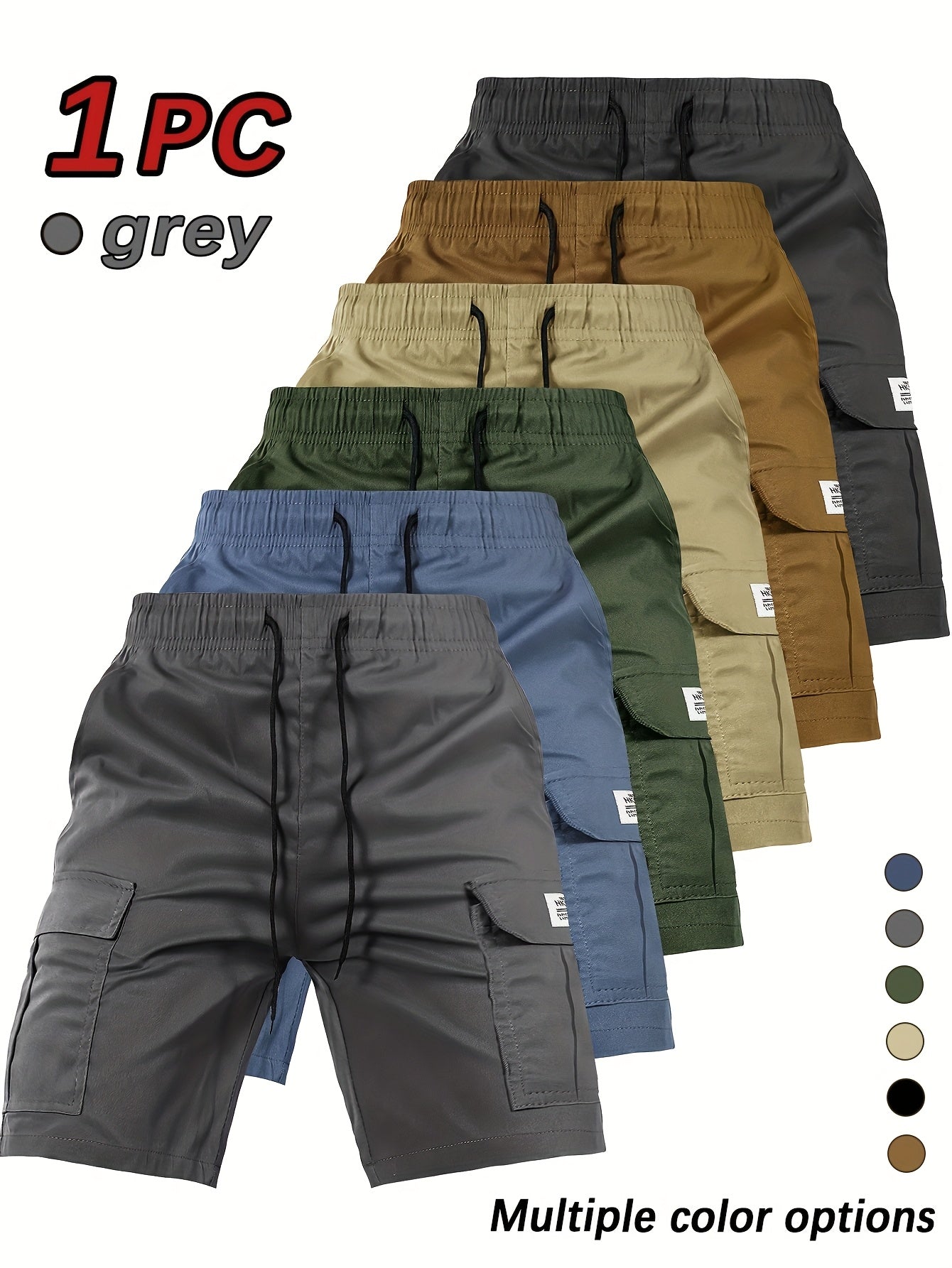 [Summer Cargo Shorts] Breathable Polyester Men's Casual Cargo Shorts with Drawstring Waist, Flap Pockets & Letter Patch | Regular Fit, Solid Color for Summer
