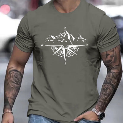 Mountain Shaped Compass & Letter Creative Printing Men's Round Neck Printed T-shirt, Short Sleeved Comfortable Loose Casual Top, Spring Summer Holiday Men's Clothing As A Gift