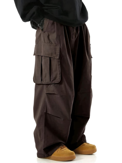 Loose Casual Men's Straight Leg Cargo Pants - Solid Multi Flap Pockets Outdoor Baggy Pants - Work Pants Streetwear