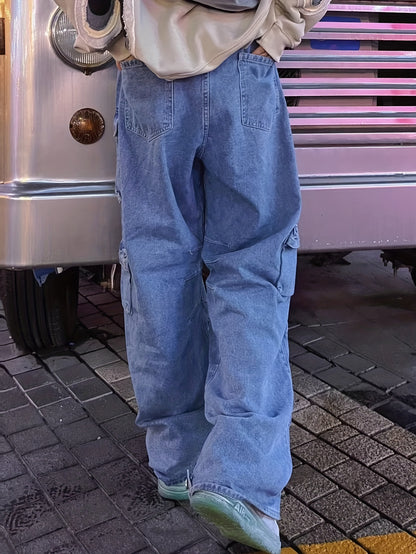 Men's Trendy Multi Flap Pocket Trousers, Wide Leg Loose Casual Outdoor Baggy Pants, Men's Jean Work Pants Outdoors K-pop