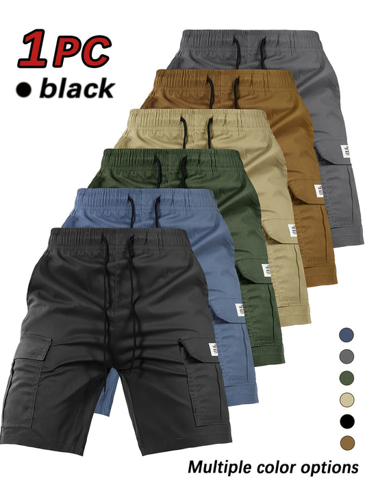 [Summer Cargo Shorts] Breathable Polyester Men's Casual Cargo Shorts with Drawstring Waist, Flap Pockets & Letter Patch | Regular Fit, Solid Color for Summer
