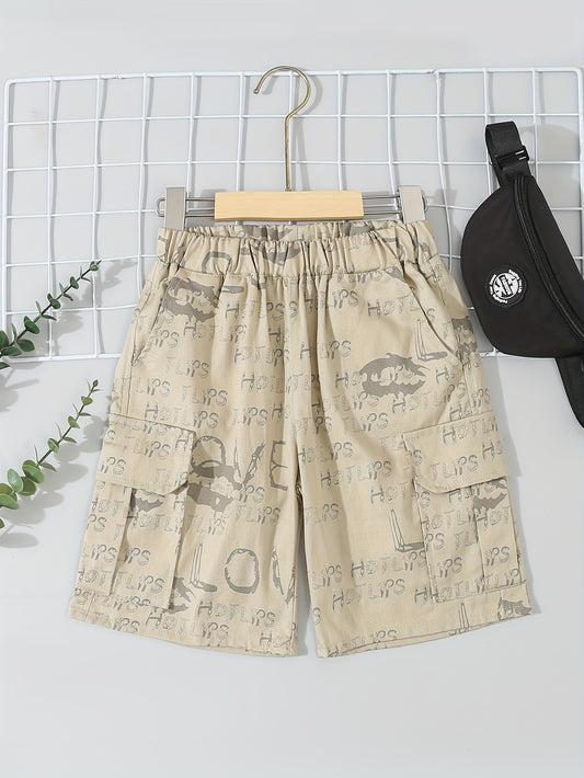 2-Pack Boys Summer Cargo Shorts, Lette Graffiti Elastic Waist Shorts With Pockets, Boys Outdoor Wear