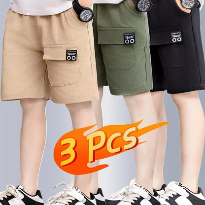 3-Pack Boys Summer Shorts, Thin Cotton Casual Cargo Shorts, Mid-Length, Versatile For Boys
