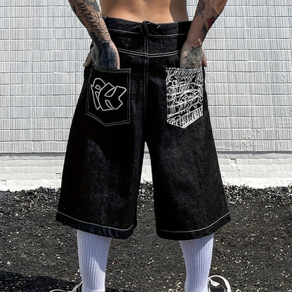Mens Trendy Embroidered Denim Shorts - Loose Fit, Casual Street Style Jorts - Fashionable Capri Pants for a Relaxed Look
