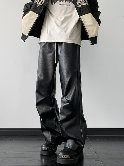 [Loose Fit Faux Leather Pants] Men's Chic Loose Fit Faux Leather Pants, Street Style Baggy Pants K-pop
