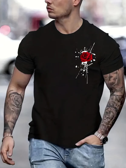 Flower printed T-shirt for men's casual style, summer and autumn micro elastic round neck T-shirt