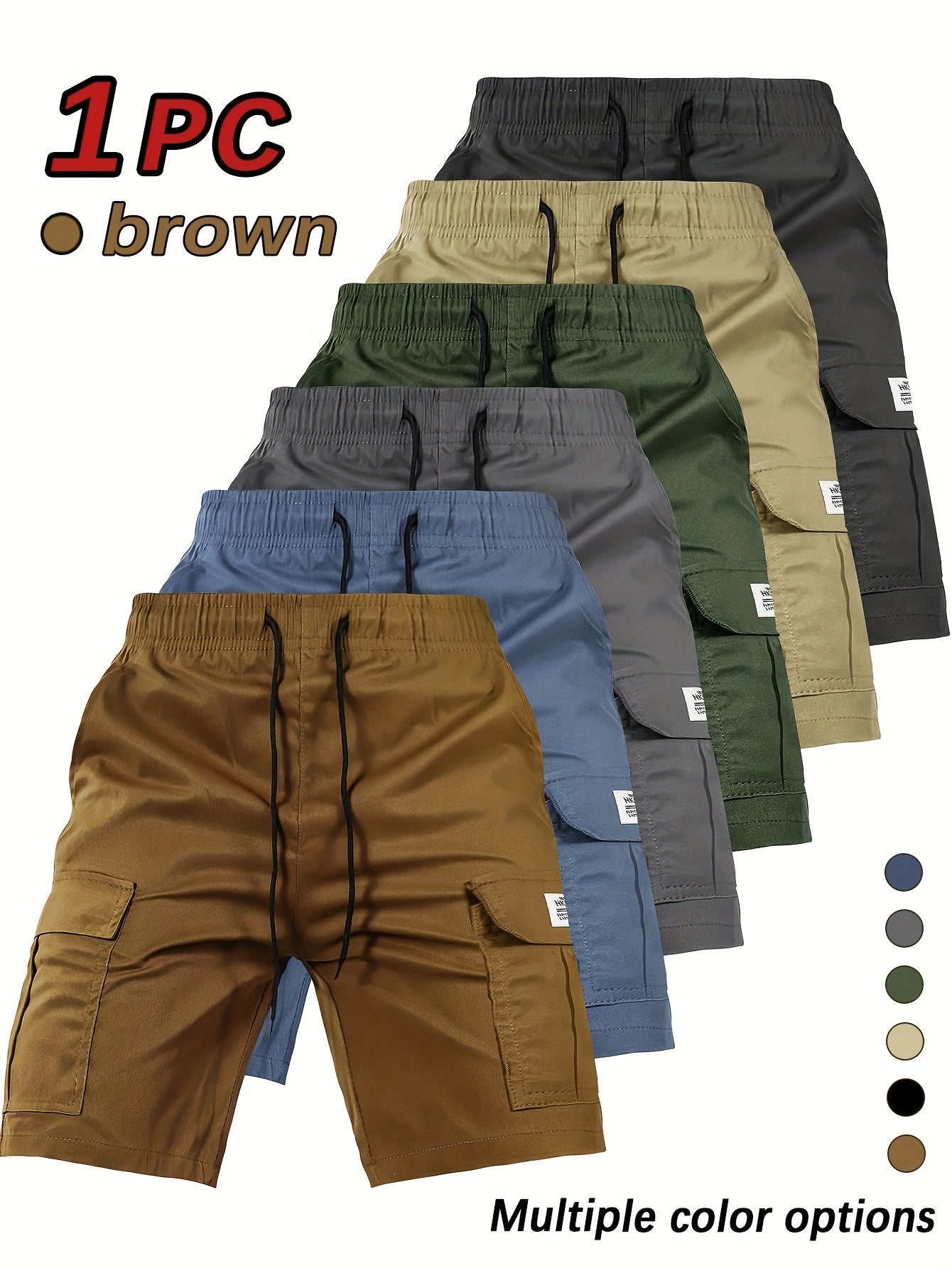 [Summer Cargo Shorts] Breathable Polyester Men's Casual Cargo Shorts with Drawstring Waist, Flap Pockets & Letter Patch | Regular Fit, Solid Color for Summer