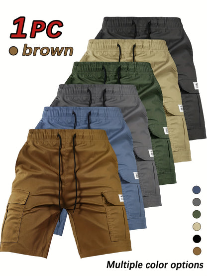 [Summer Cargo Shorts] Breathable Polyester Men's Casual Cargo Shorts with Drawstring Waist, Flap Pockets & Letter Patch | Regular Fit, Solid Color for Summer