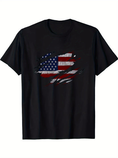 American Flag printed T-shirt men's casual style summer and autumn slightly elastic round neck T-shirt