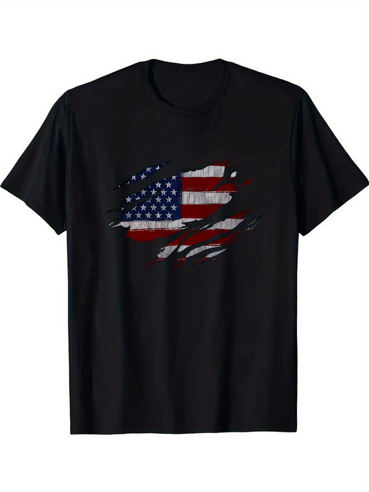 American Flag printed T-shirt men's casual style summer and autumn slightly elastic round neck T-shirt
