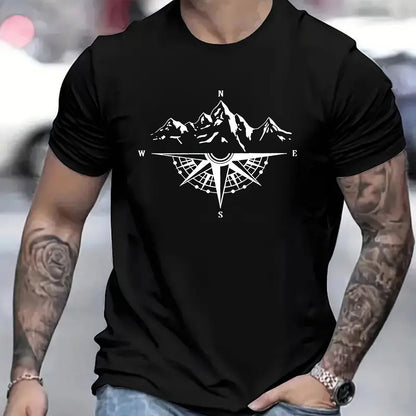 Mountain Shaped Compass & Letter Creative Printing Men's Round Neck Printed T-shirt, Short Sleeved Comfortable Loose Casual Top, Spring Summer Holiday Men's Clothing As A Gift