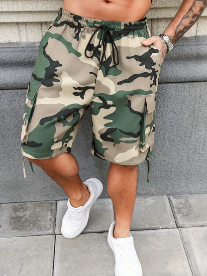 Plus Size Men's Camouflage Cargo Shorts, Trendy Loose Fit With Drawstring