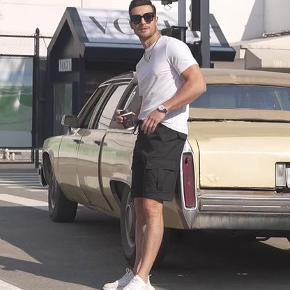 2 Pcs Men's Casual Cargo Shorts Elastic Drawstring Cotton Stretch Multiple Pockets Cargo Short