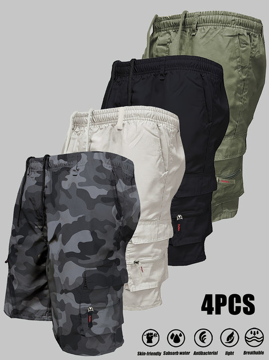 4pcs Men's Loose Fit Elastic Waist Cargo Shorts - Mixed Colors, Side Pockets, Comfortable for Summer Outdoor Leisure and Work Activities