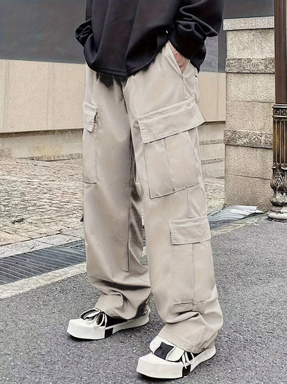 Solid Multi Flap Pockets Men's Straight Leg Cargo Pants, Loose Casual Outdoor Pants, Men's Work Pants Baggy Pants Trendy Streetwear K-pop