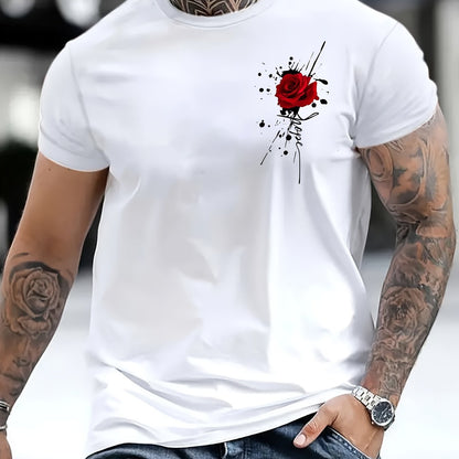 Flower printed T-shirt for men's casual style, summer and autumn micro elastic round neck T-shirt
