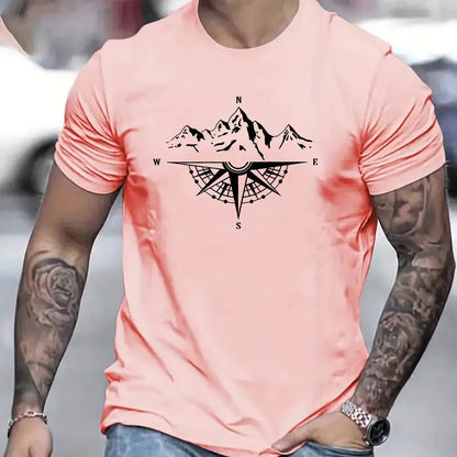 Mountain Shaped Compass & Letter Creative Printing Men's Round Neck Printed T-shirt, Short Sleeved Comfortable Loose Casual Top, Spring Summer Holiday Men's Clothing As A Gift